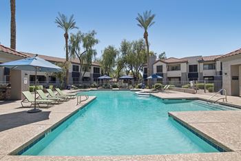 A swimming pool surrounded by sun loungers and palm trees.